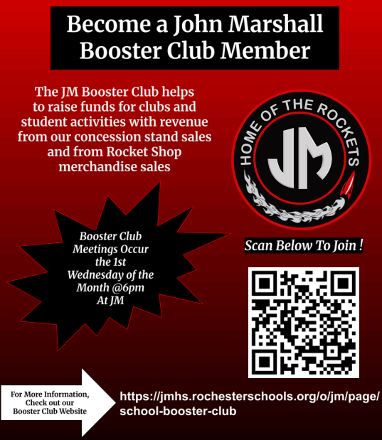 Booster Club at JM, needs more members. Come to a meeting, 1st Wednesday of the Month at 6pm at JMHS