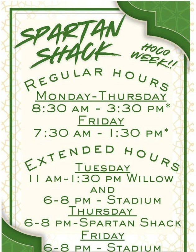 Spartan Shack hours 9.15-9.19