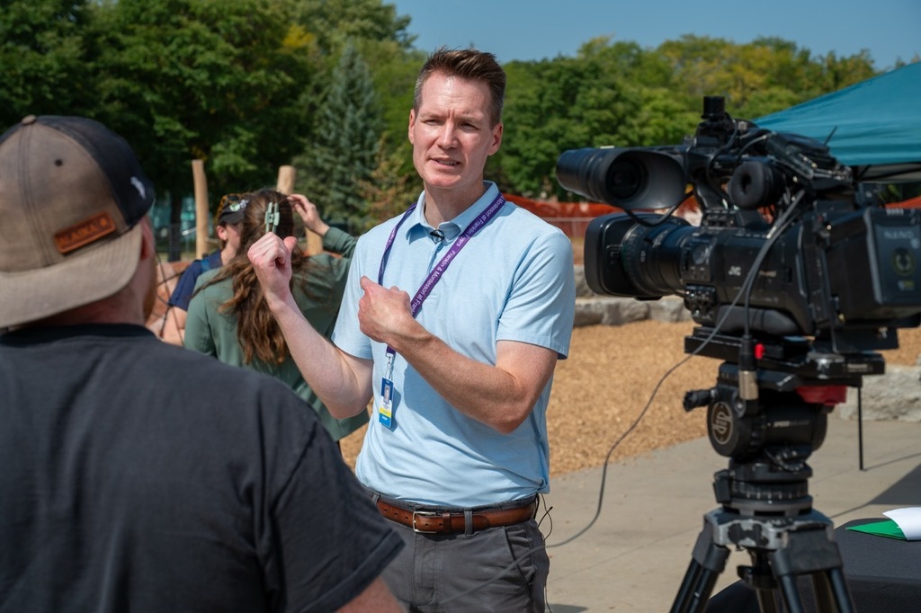 Franklin Principal Pearson talks to media about the new playground