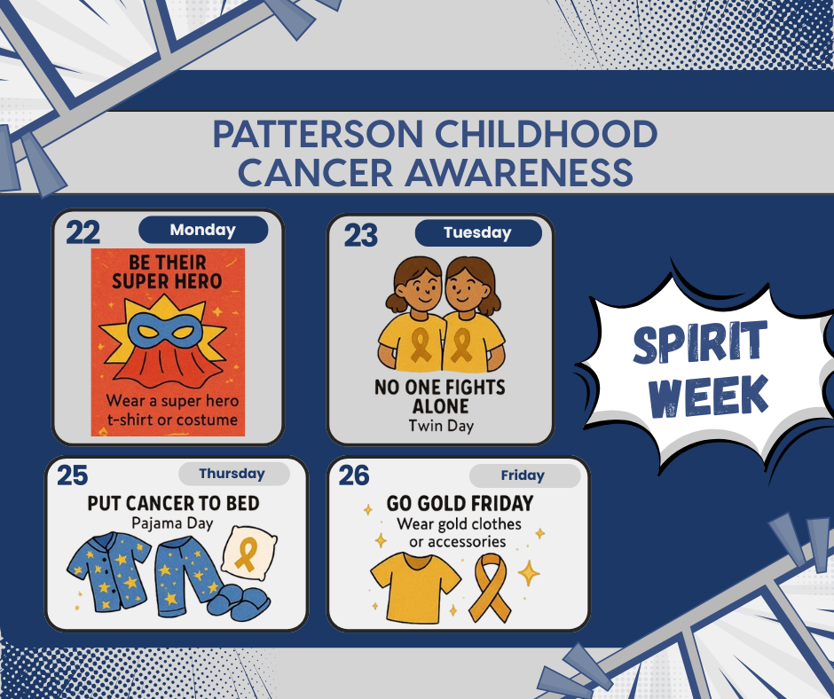 Kellogg spirit week shows events monday, tuesday thursday and friday dressing up as super hero on monday, tuesday is twin day thursday is put cancer to bed and wear pajama day and friday is wear gold clothes or accessories