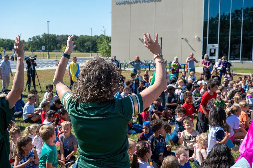 Longfellow teacher hypes up the crowd for the ice bucket challenge