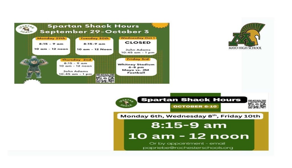 Spartan Shack hours 9.29-10.10