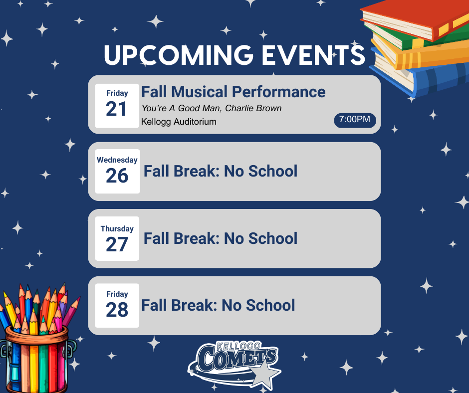 Graphic listing November events: Nov 3 (Conferences), Nov 4 (No School – Curriculum Day), Nov 10 - PTA Meeting , Nov 20–21 (Musical), Nov 26–28 (Fall Break), with Kellogg Middle School logo.
