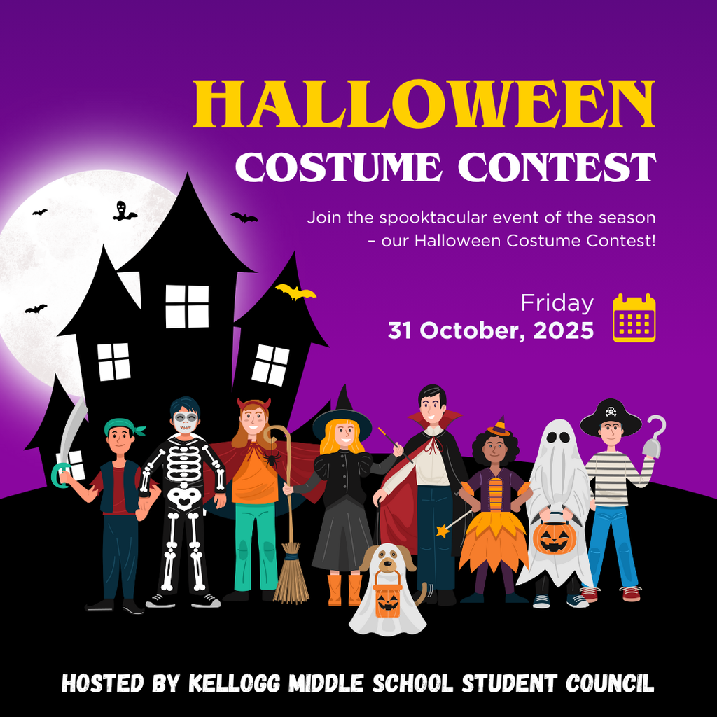 Purple Halloween-themed poster with a haunted house silhouette, bats, and a full moon behind it. Across the top, large yellow text reads “Halloween Costume Contest.” Smaller white text invites students to join the event on Friday, October 31, 2025, with a small calendar icon beside the date. At the bottom, a diverse group of illustrated children stand in various costumes, including a pirate, skeleton, devil, witch, vampire, pumpkin dress, ghost, and another pirate with a hook. Text at the bottom reads “Hosted by Kellogg Middle School Student Council.”