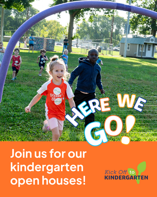 Kids playing out side on a flyer for Kindergarten Open House