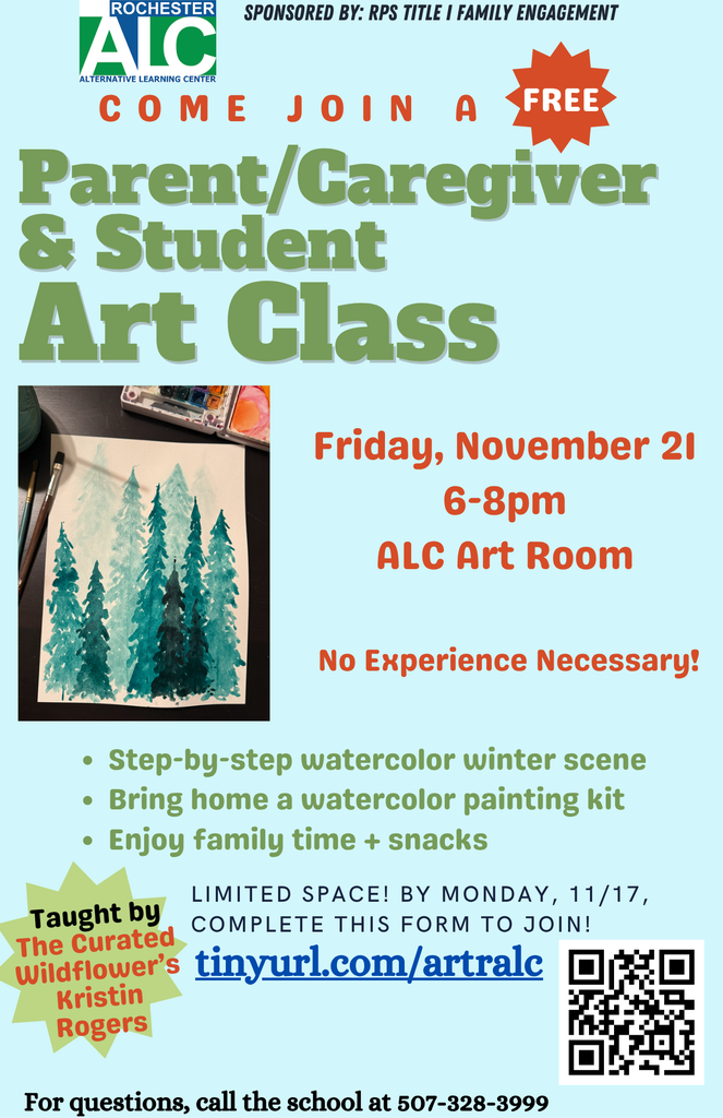 Family Art Night Flyer - Friday, 11/21, 6-8pm, Art Room - watercolor painting and bring home a watercolor painting kit