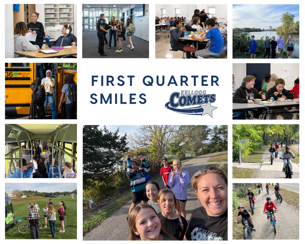 A collage of photos showing Kellogg Middle School students and staff smiling and enjoying first-quarter activities. The images include groups of students and families sitting together in the cafeteria with snacks and games, students wearing handmade paper crowns, friends posing with teachers, and students participating in fun indoor activities such as using inflatable toy hammers. In the center is the text ‘FIRST QUARTER SMILES’ with the Kellogg Comets logo.