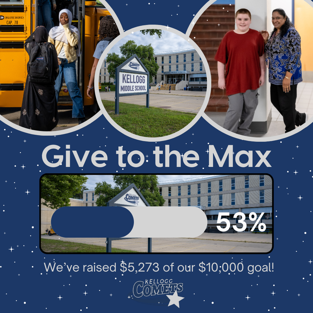 A Give to the Max progress graphic for Kellogg Middle School. The design features three circular photos of students enjoying school activities. Below the photos, large text reads 'Give to the Max.' A progress bar shows the fundraiser at 53%. At the bottom, text reads ‘We’ve raised $5,273 of our $10,000 goal!’ The Kellogg Comets logo appears beneath the text. The background is dark blue with small star illustrations.