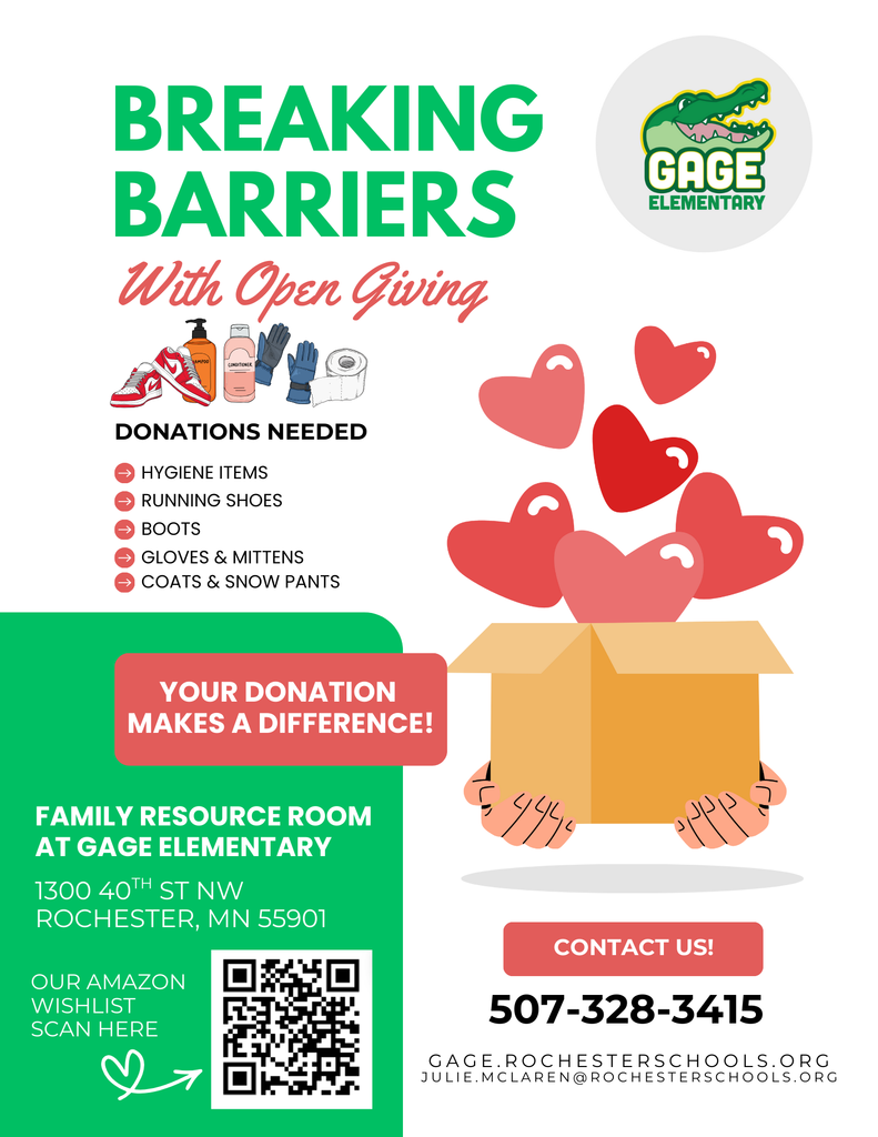 Gage Elementary: Breaking Barriers with Open Giving - hands holding a cardboard box with hearts flying out. Donations request list and qr code link to https://www.amazon.com/hz/wishlist/ls/1QL5OMXBOF7FL?ref_=abls_nvfly_swy&sort=priority 