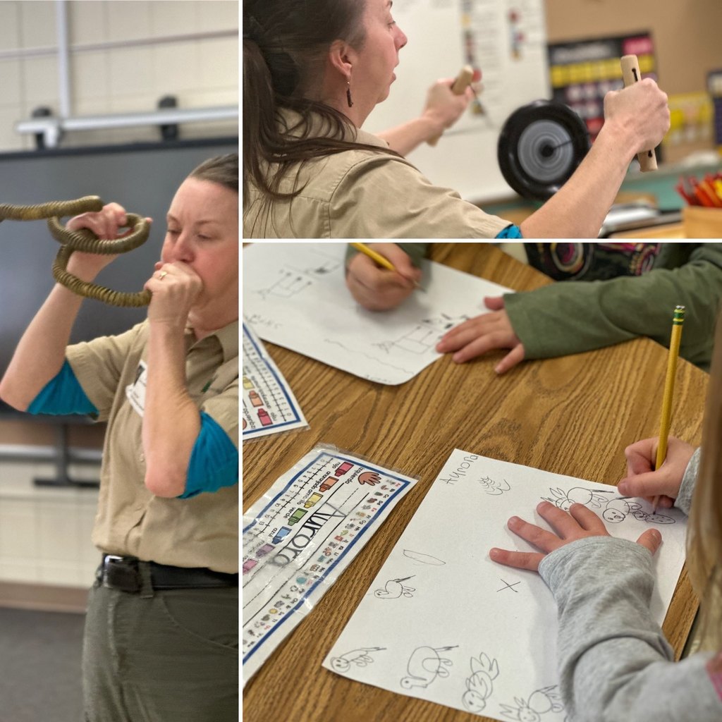 Naturalist blowing through a horn that makes sounds. Kids drawing