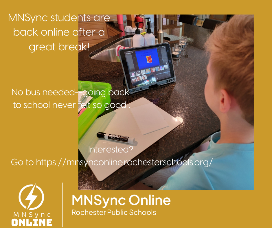 MNSync students are back online after a great break. No bus needed--going back to school never felt so good. Picture of student in online class ready to learn. MNSync Online Rochester Public Schools