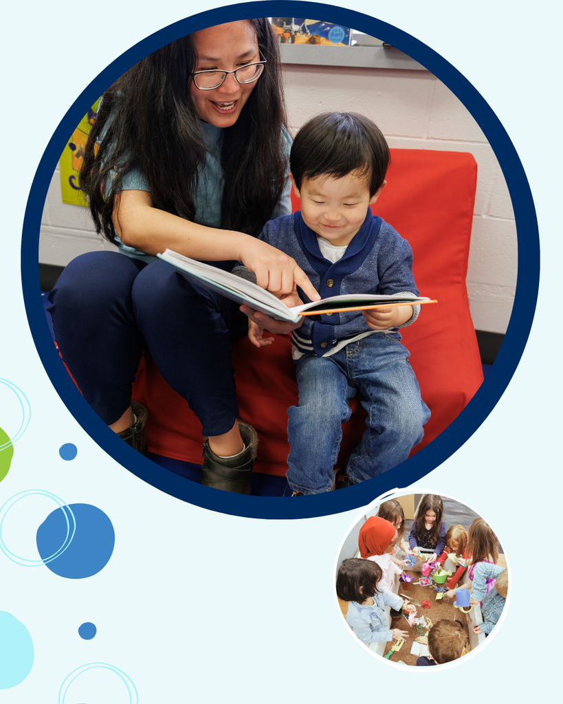 Photo in circle of parent and student reading a book and photo of students digging in a sensory table.