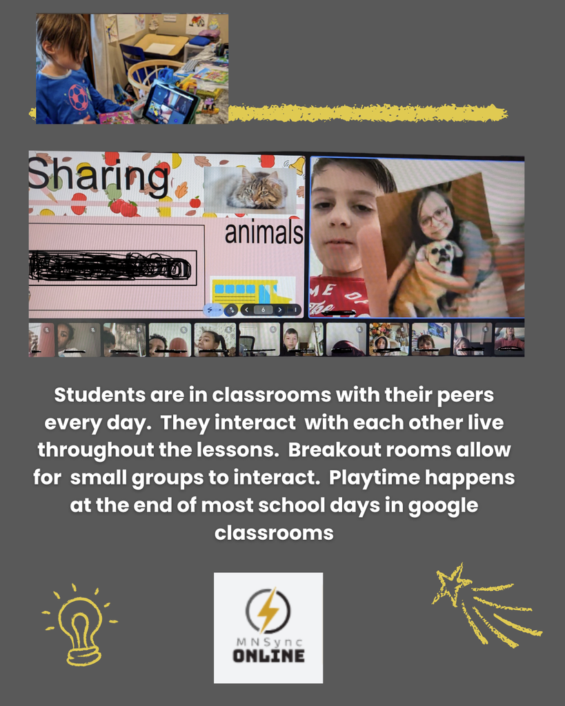 Students interact in live meets each day including breakout rooms for small groups and play/social time at the end of most days. Pictures of students socializing with their peers. 