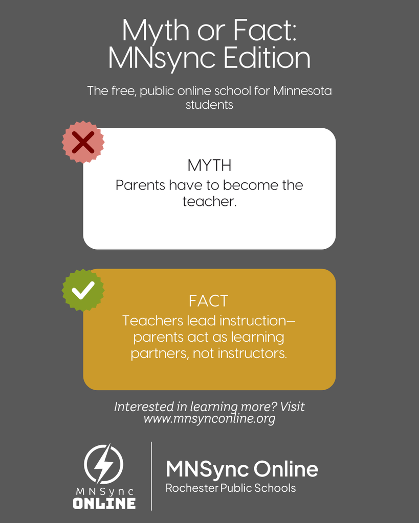 Myth or Fact, MNSync edition. The free, public, online school for Minnesota students. Myth: Parents have to become the teacher. Fact: Teachers lead instruction. Parents act as learning partners, not instructors. Interested in learning more? Visit www.mnsynconline.org MNSync and Rochester Public Schools Logos