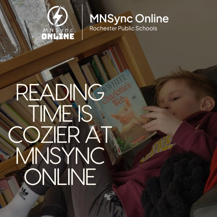 Reading time is cozier at MNSync Online. Picture of child curled up reading a book in a comfortable chair at home. MNSync and Rochester Public Schools logo. 