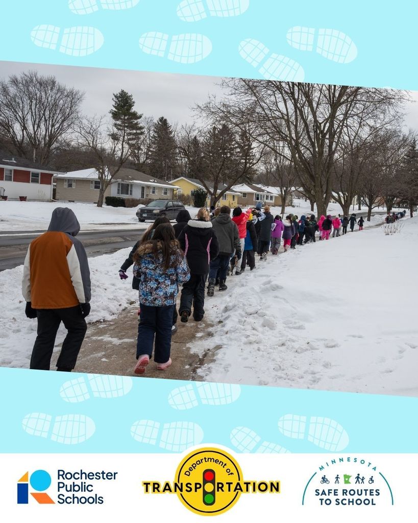 Kids march in a long line in a snowy neighborhood;  Rochester Public Schools logo; Department of Transportation; Minnesota Safe Routes to School