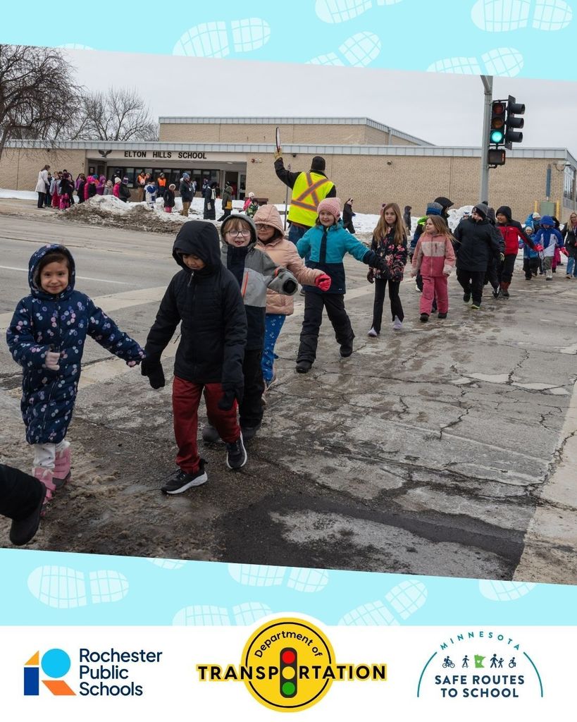 Frosty Footsteps Winter Walk Celebration, February 4; pic of kids and crossing guard crossing an intersection in the winter, Rochester Public Schools logo; Department of Transportation; Minnesota Safe Routes to School