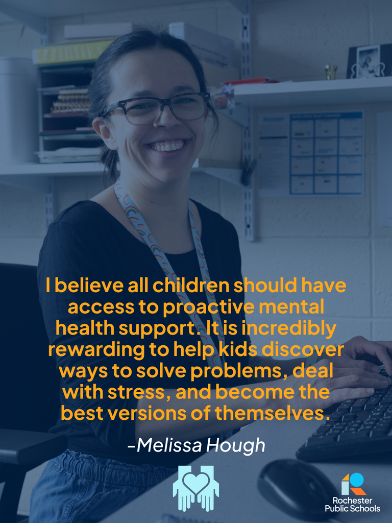 Melissa Hough working at her desk smiling at the camera with the text "I believe all children should have access to proactive mental health support. It is incredibly rewarding to help kids discover ways to solve problems, deal with stress, and become the best versions of themselves."