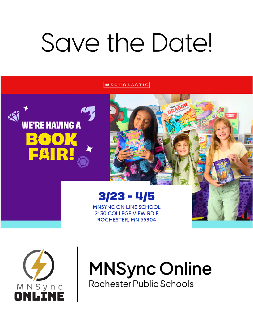 Save the Date! We're having a book fair! 3/23-4/5. MNSync Online school. MNSync Online and Rochester Public Schools logos.