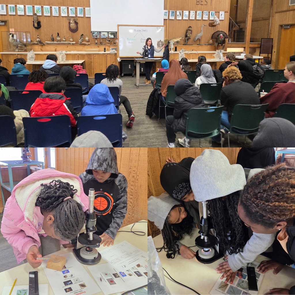 Students looking through a microscope