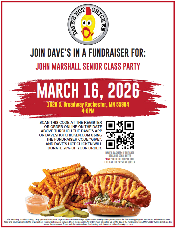 Daves Hot Chicken flyer with fundraising information. Dine in or order online Monday, March 16th from 4-8pm and support the Senior Party of JM Class of 2026. 20% of proceeds go to support our party.