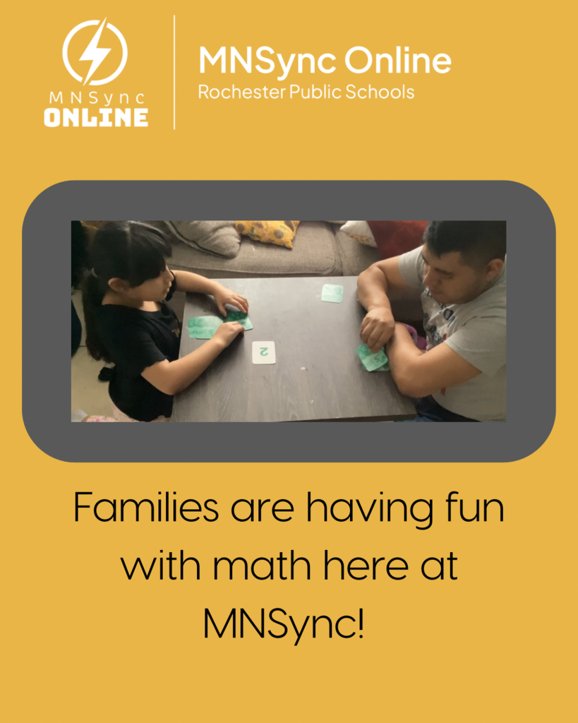 Families are having with math here at MNSync!  MNSync Online and Rochester Public Schools logo. Parents and kids playing a math game. 
