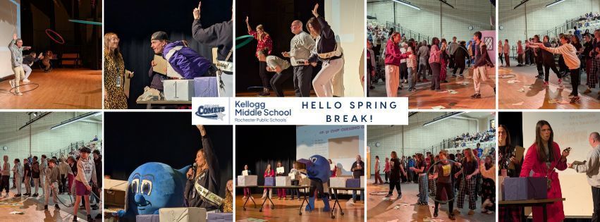 A collage of photos shows students and staff on a stage during a school assembly, playing games together. Participants are smiling and laughing, creating a fun and energetic atmosphere.