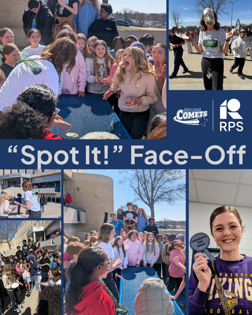 collage of photos with cheering crowd of students outside around a picnic table watching an adult vs student playing Spot It card game . Text reads Spot It Face Off with RPS Logo and Kellogg Comets logo. Includes photo of Assistant Principal with whipped cream on face and students smiling