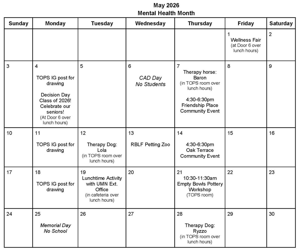 MEntal Health month calendar of events