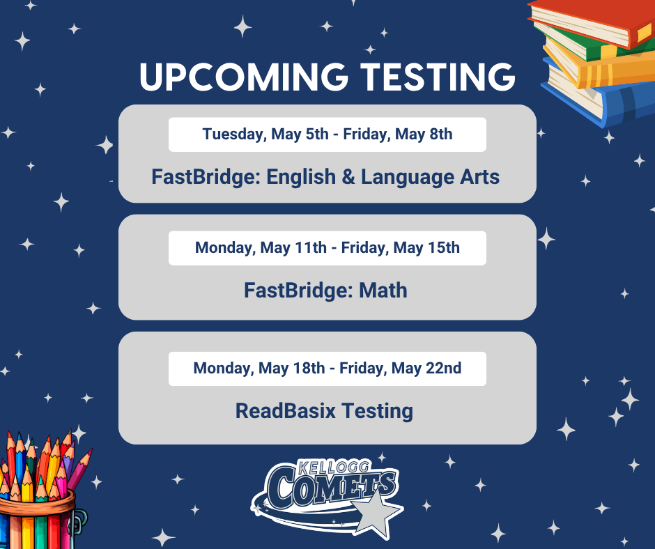 Graphic titled “Upcoming Testing” on a navy blue background with star accents and school-themed illustrations. Events listed include: Tuesday, May 5th - Friday, May 8th: FastBridge Testing: English & Language Arts, Monday, May 11th - Friday, May 15th: FastBridge Testing: Math, and Monday, May 18th - Friday, May 22nd: ReadBasix TestingA Kellogg Comets logo appears at the bottom.