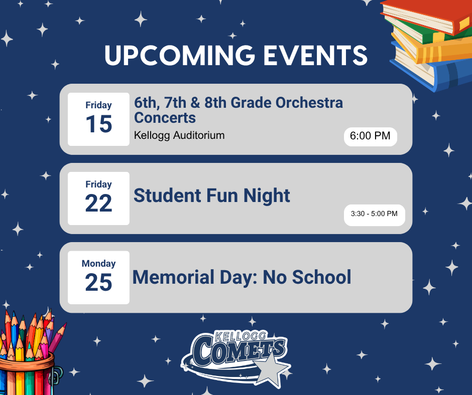 Graphic titled “Upcoming Events” on a navy blue background with star accents and school-themed illustrations. Events listed include: Friday the 15th, 6th, 7th, and 8th Grade Orchestra Concerts at 6:00 PM in the Kellogg Auditorium; Friday the 22nd, Student Fun Night from 3:30 to 5:00 PM; and Monday the 25th, Memorial Day with no school. A Kellogg Comets logo appears at the bottom.