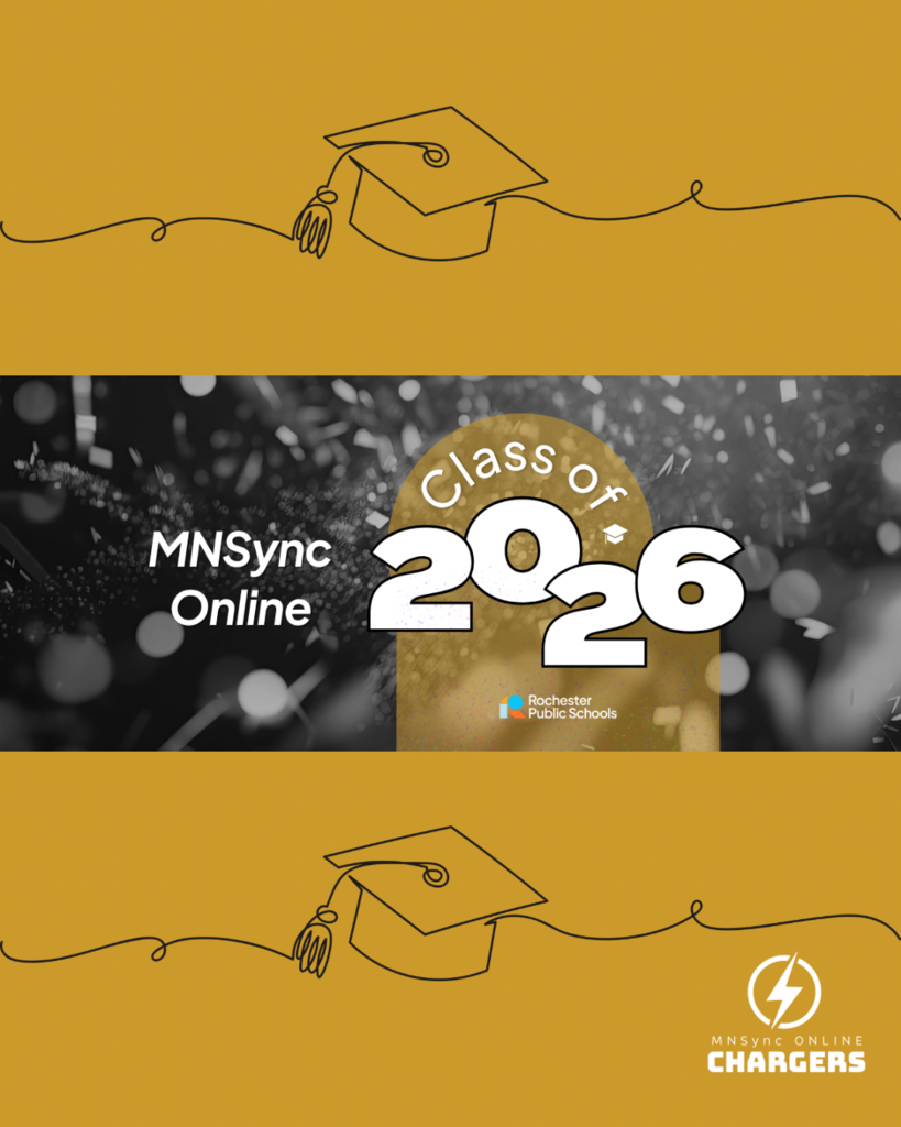 MNSync Online Class of 2026. Graduation caps and confetti. MNSync online and Rochester Public Schools logos. 