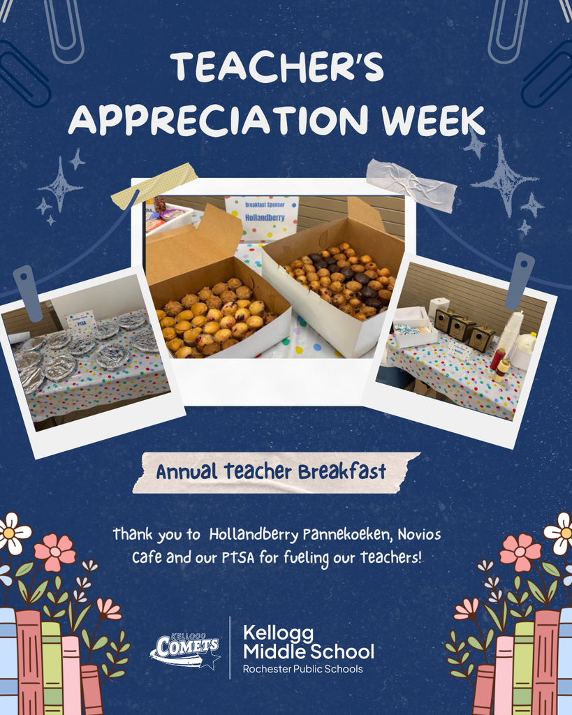 Graphic celebrating Teacher’s Appreciation Week at Kellogg Middle School. Three polaroid-style photos show breakfast pastries, muffins, and coffee set up for the school’s annual teacher breakfast. Text reads: “Teacher’s Appreciation Week,” “Annual Teacher Breakfast,” and “Thank you to Hollandberry Pannekoeken, Novios Cafe and our PTSA for fueling our teachers!” Kellogg Middle School and Rochester Public Schools logos appear at the bottom. The design features a dark blue background with flowers, stars, and paperclip illustrations.