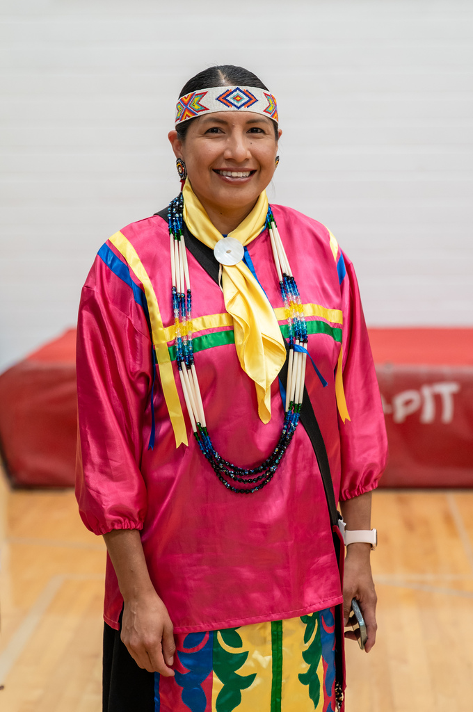 RPS employee Lori Sam dressed in regalia for the powwow.