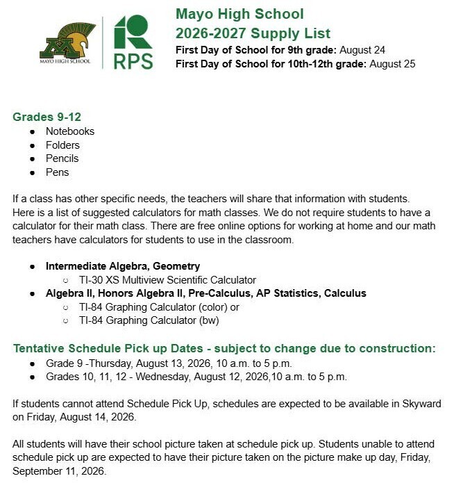 SY 26-27 school supply list