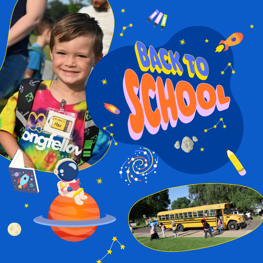Back to School text with galaxy graphics and image of Longfellow student and students getting off the bus.