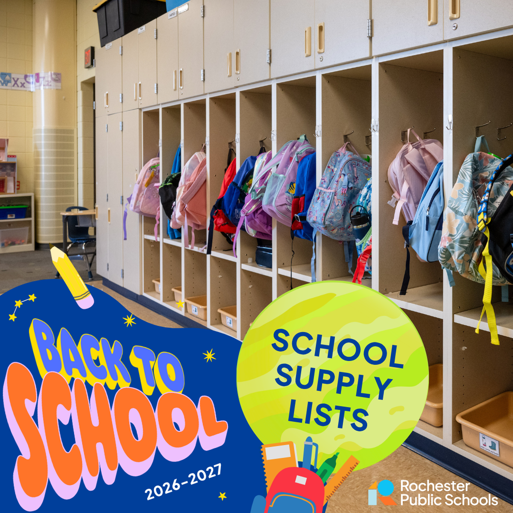 Back to School 2026-2027 with text School Supply List overlayed on an image of back packs in the student cubby area of the classroom.