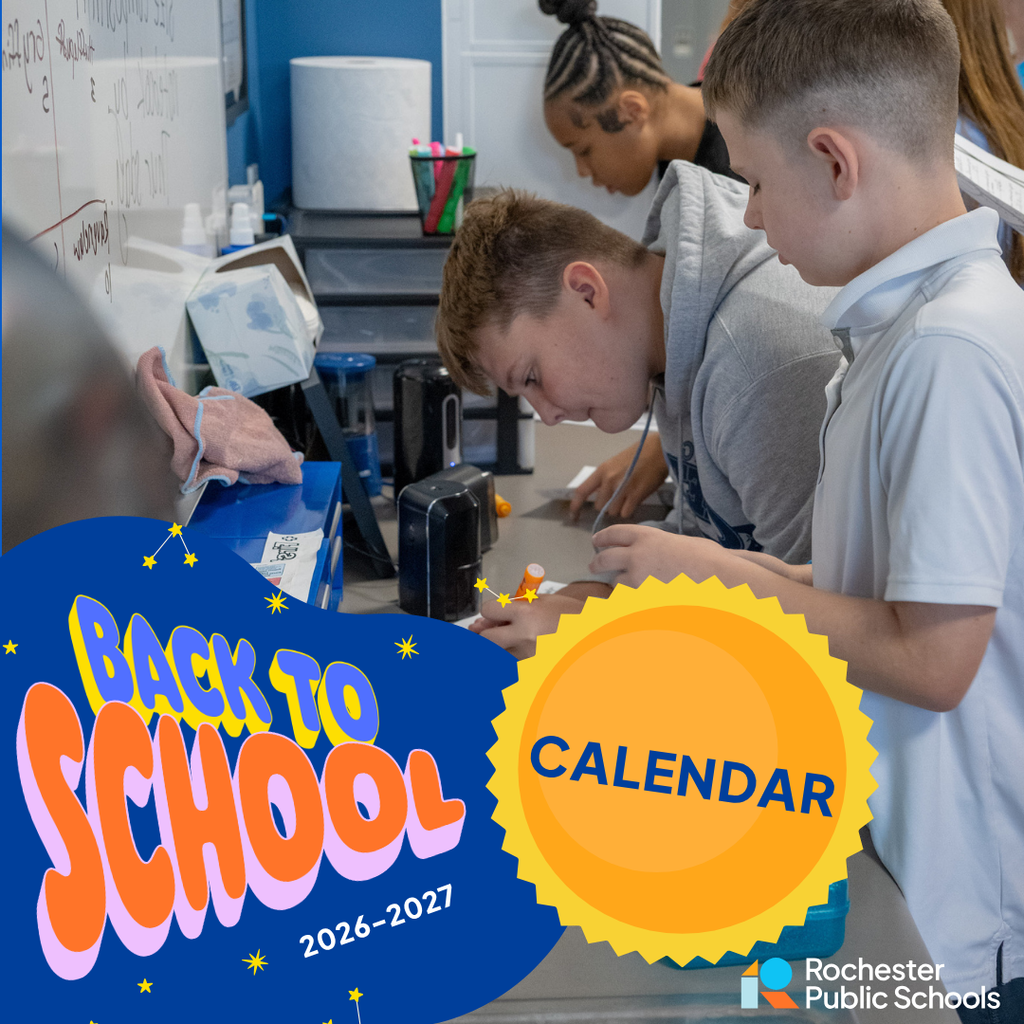 Back to School 2026-2027 with a sun graphic and text calendar overlaid on a picture of students highlight dates on the calendar.