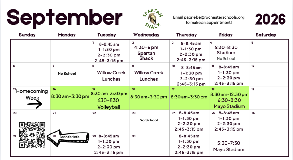 Sept Spartan Shack hours 