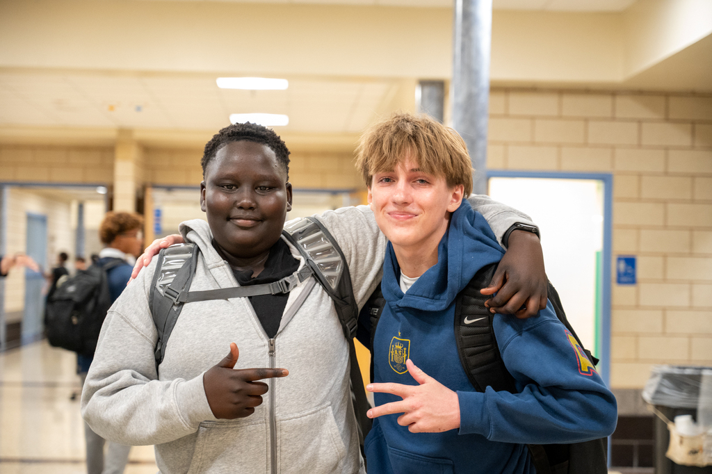 Two ninth grade Century students posing for a photo on our First day of school for Ninth graders.