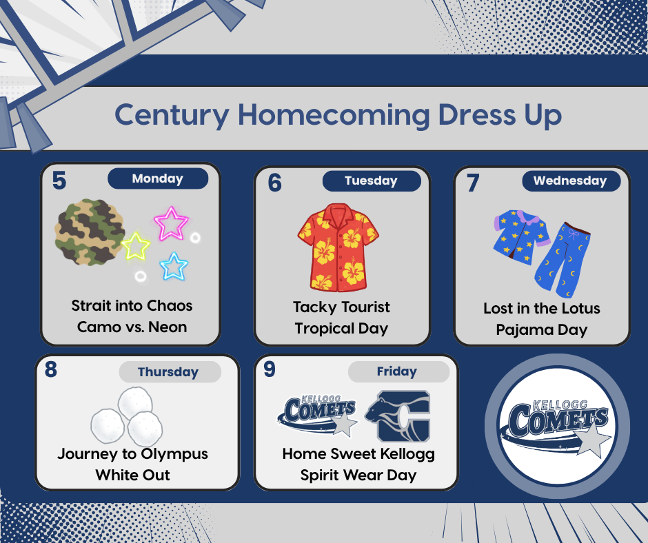 A graphic titled "Century Homecoming Dress Up" outlining spirit week daily dress-up themes for Kellogg Middle School students: Monday, Oct 5: Strait into Chaos – Camo vs. Neon Tuesday, Oct 6: Tacky Tourist – Tropical Day Wednesday, Oct 7: Lost in the Lotus – Pajama Day Thursday, Oct 8: Journey to Olympus – White Out Friday, Oct 9: Home Sweet Kellogg – Spirit Wear Day The graphic displays the Kellogg Comets logo and Century High School panther logo