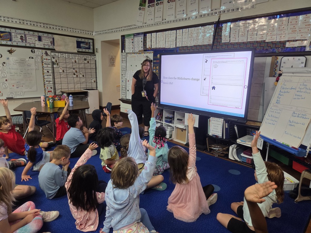 Mrs. Strain's class talking about characters, setting, problem & solution
