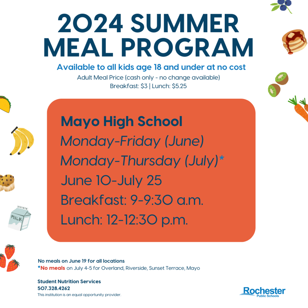 Today is the first day of summer meals! Summer meals are free to kids ages 18 and under. Adult meals are available for a small fee: $3 for breakfast and $5.25 for lunch.