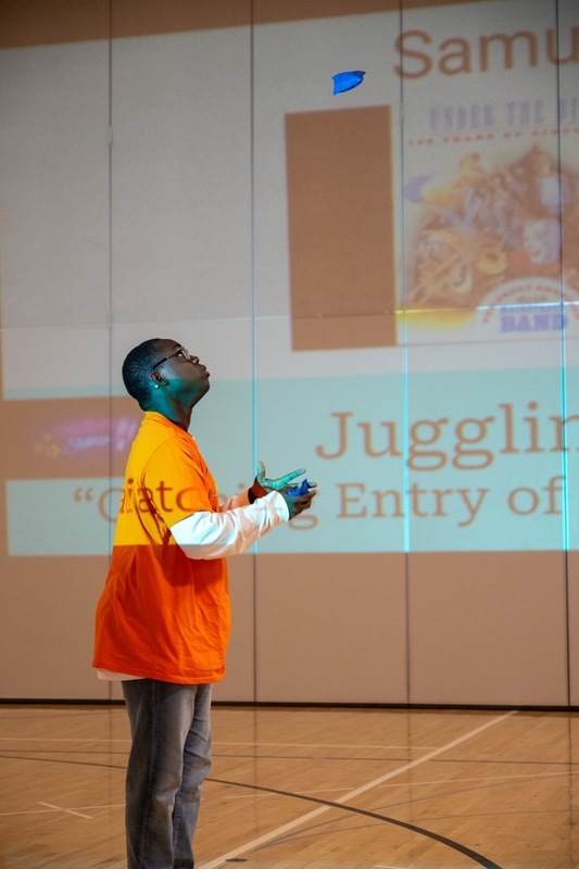 Samuel juggles beanbags for his talent