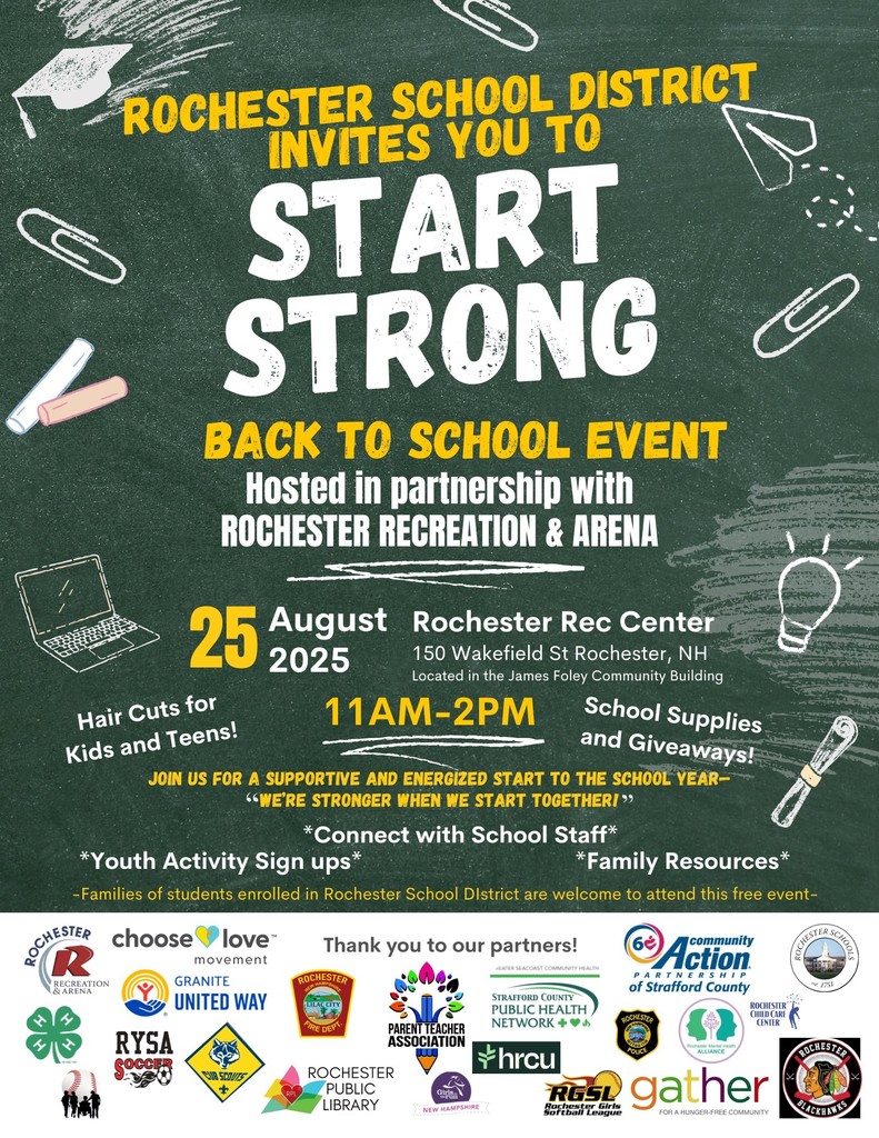 🎒✂️✏️  The countdown is on! Join us for the Start Strong: Back to School Event 🎉 📅 Monday, August 25, 2025  🕚 11 AM – 2 PM  📍 Rochester Rec Center, 150 Wakefield St ✨ Free haircuts for kids & teens  ✨ School supplies & giveaways  ✨ Youth activity sign-ups  ✨ Connect with school staff & family resources 💛 Families enrolled in Rochester School District, let’s kick off the year together—because we’re stronger when we start together! #RochesterNH #BackToSchool #StartStrong