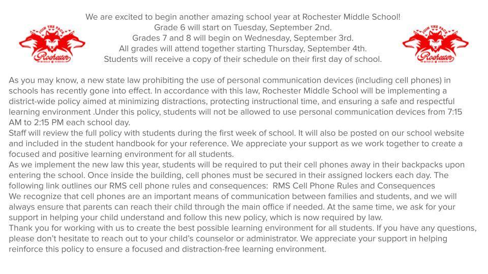 First Week Reminders and Cell Phone Policy 