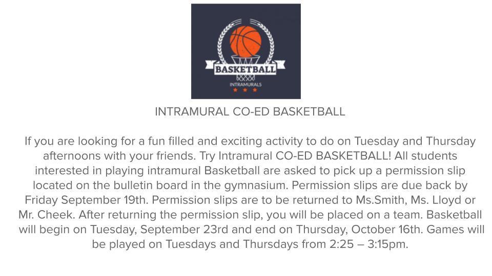 INTRAMURAL CO-ED BASKETBALL ANNOUNCEMENT 