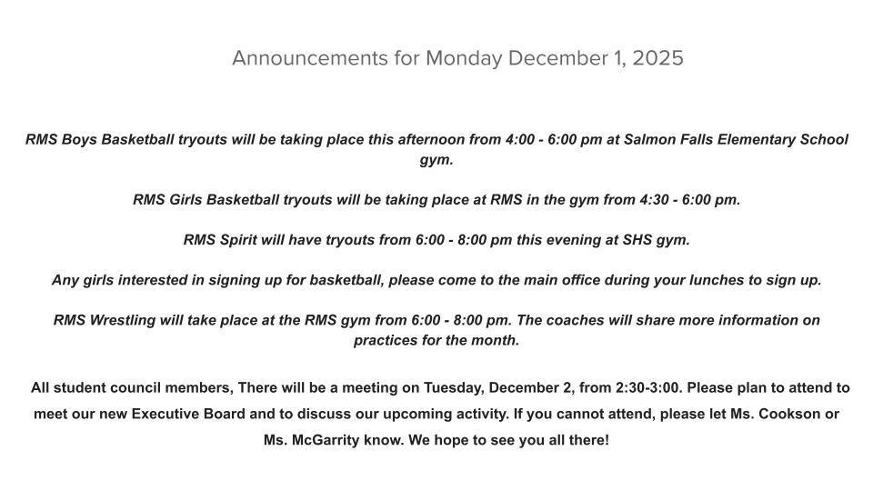Announcements for December 1, 2025