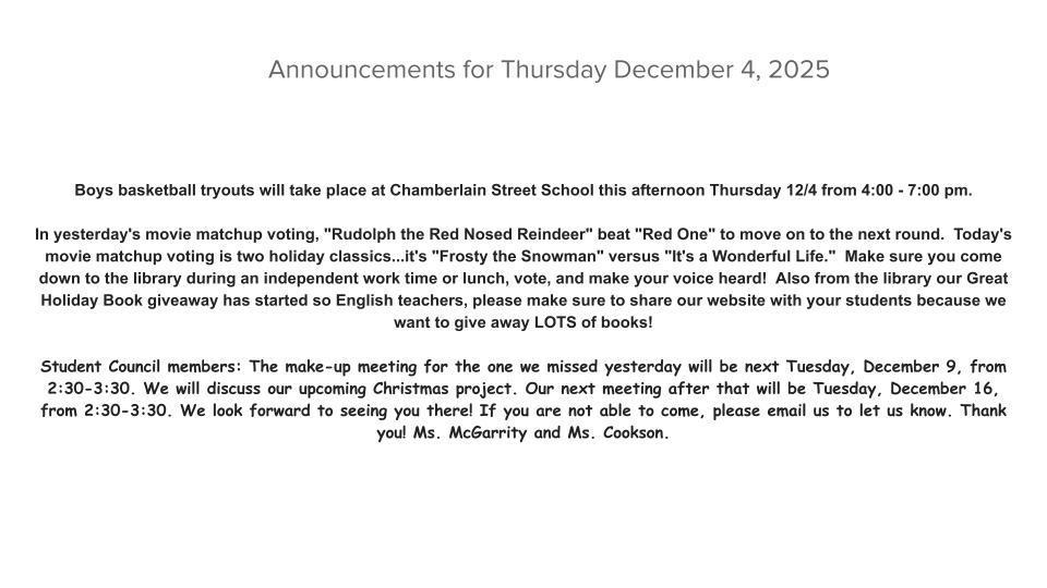 Announcements for Thursday December 4, 2025