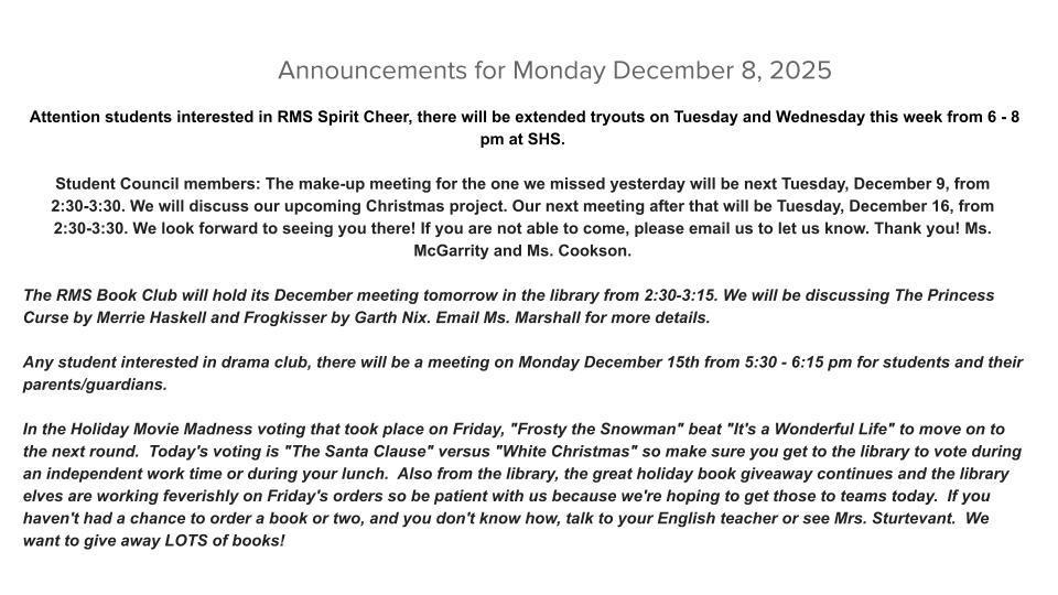 Monday December 8, 2025 Announcements 
